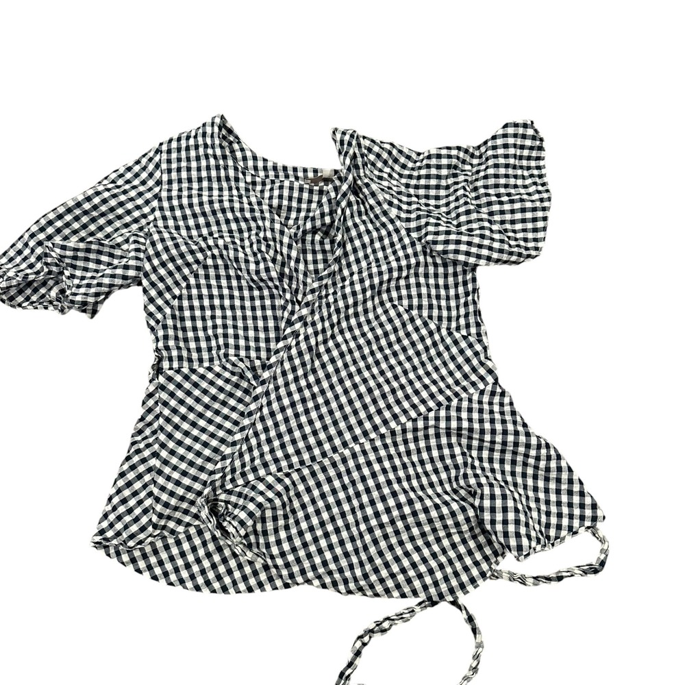 LOFT Womens Navy Gingham Check Wrap Top Short Flutter Sleeve Cotton Size L - Picture 3 of 6